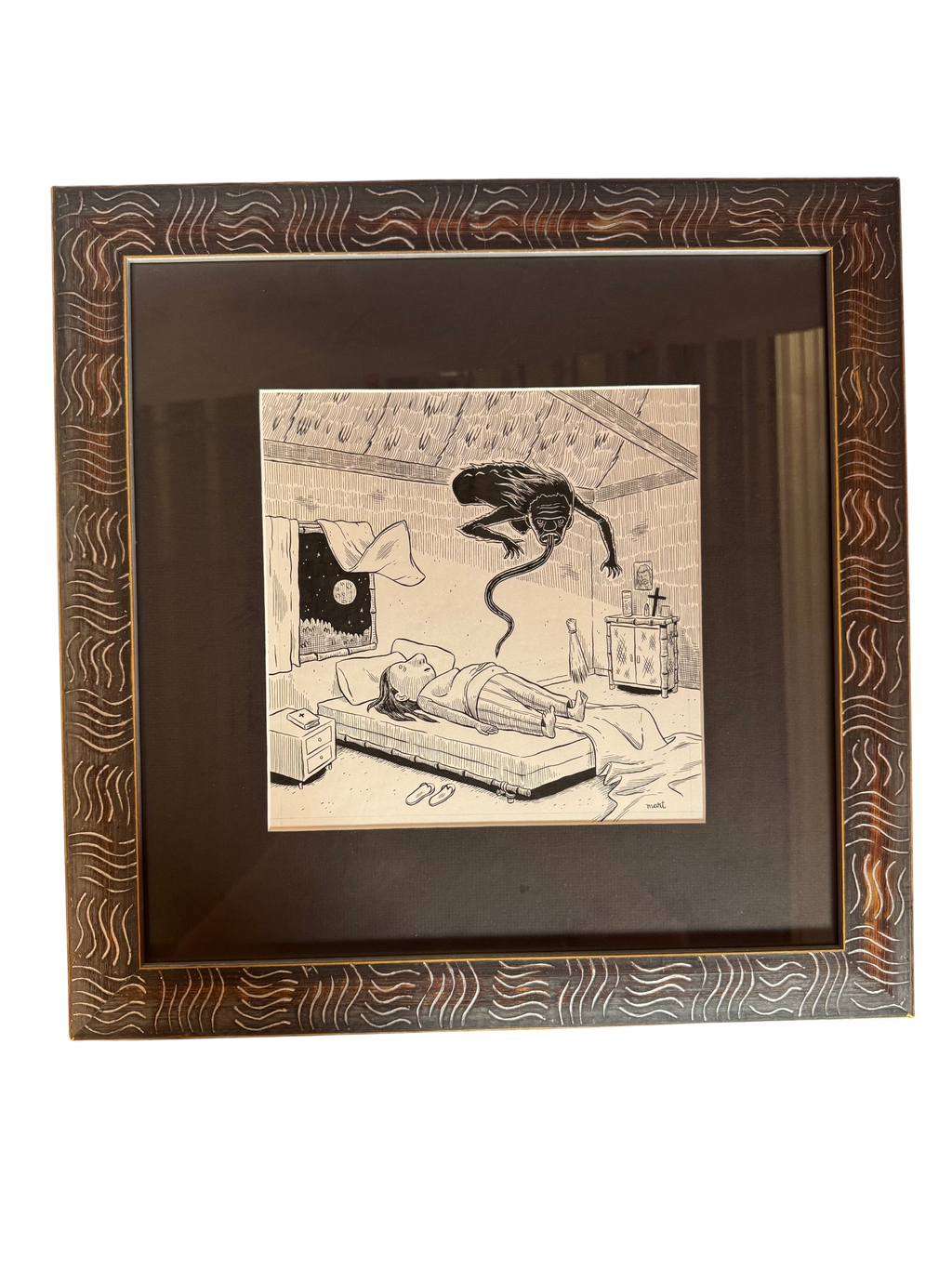 Black ink drawing of a figure on a bed in patterned dark frame, straight-on