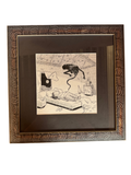 Black ink drawing of a figure on a bed in patterned dark frame, straight-on