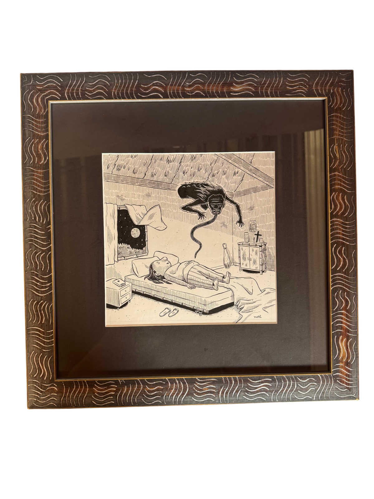 Black ink drawing of a figure on a bed in patterned dark frame, straight-on
