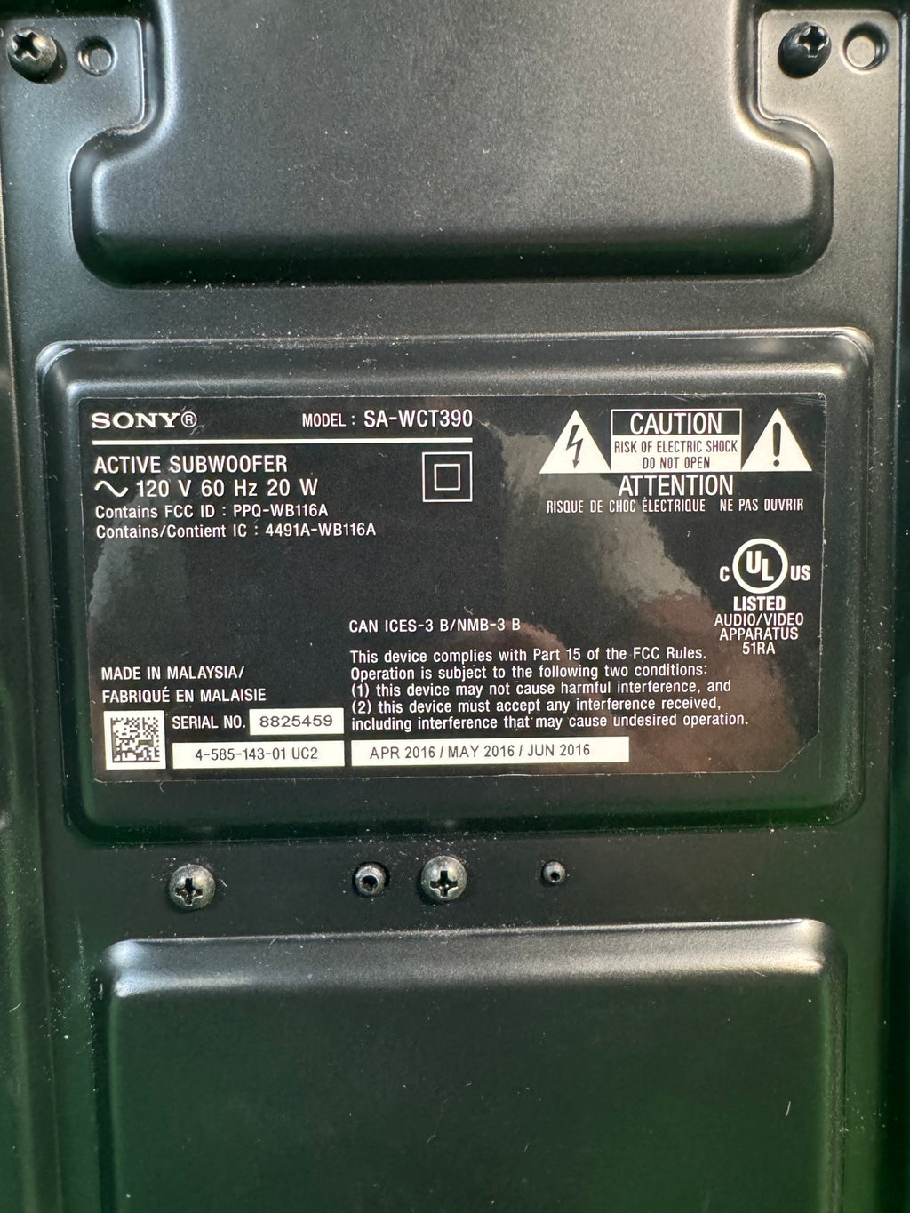 Sony SA-WCT390 Active Subwoofer Black with Power Cord