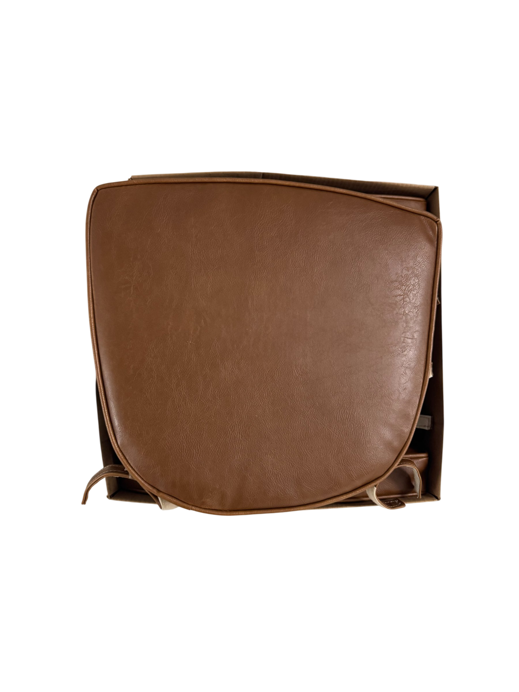 Single brown vinyl chair seat cushion with rounded corners and tan fabric ties, displayed flat against white background