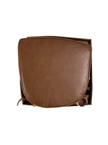 Single brown vinyl chair seat cushion with rounded corners and tan fabric ties, displayed flat against white background