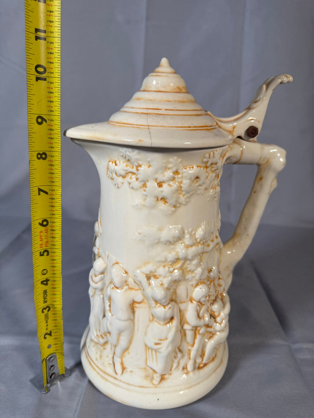 Vintage Atlantic Mold Ceramic Lidded Stein Pitcher, Tavern Scene, Twig Handle