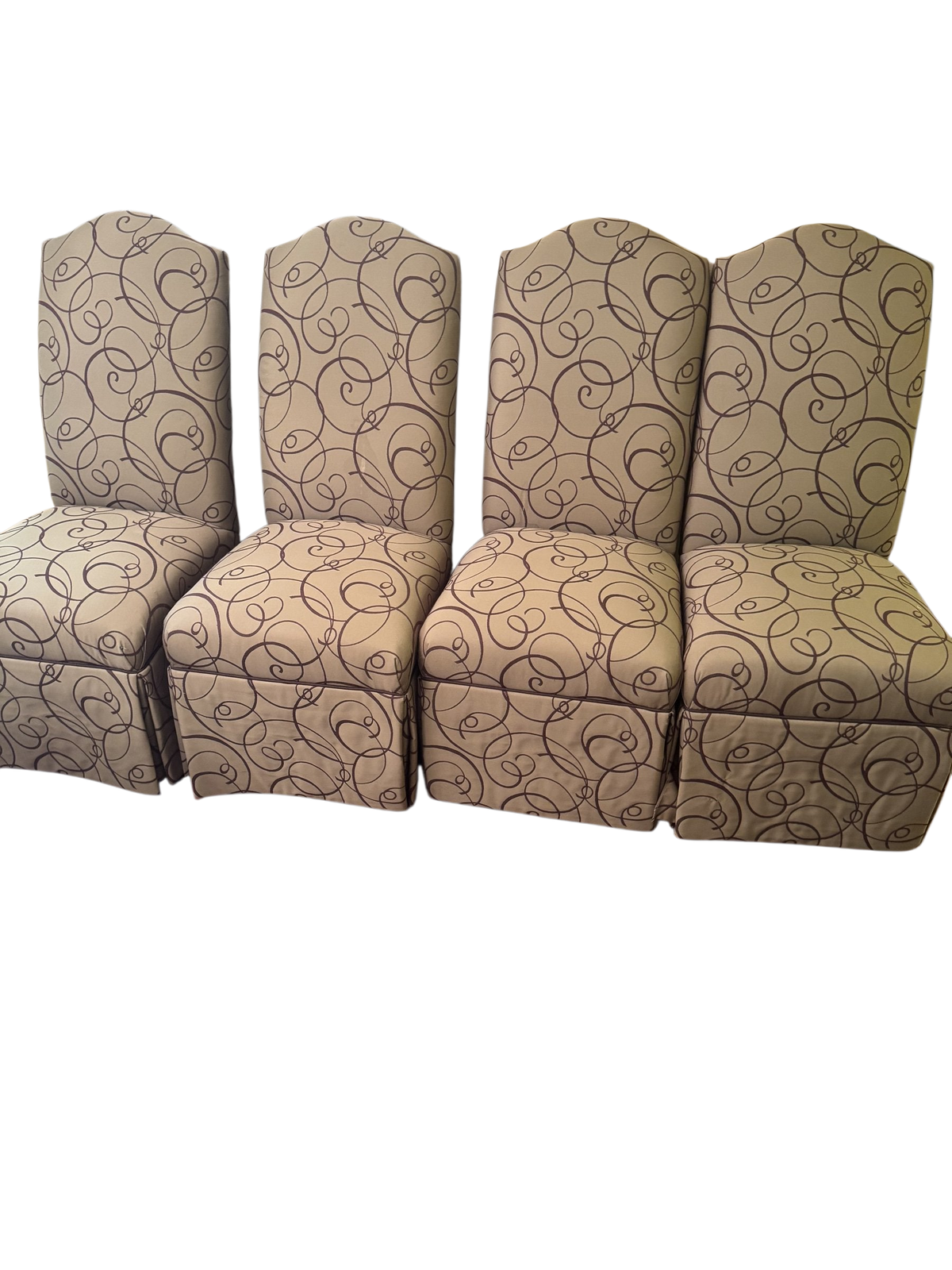 Four Drexel Heritage skirted parsons dining chairs in a row, taupe fabric with brown scroll