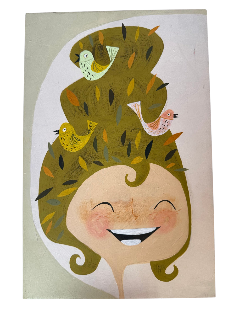 Painting of a smiling girl with birds nesting in her hair, straight-on