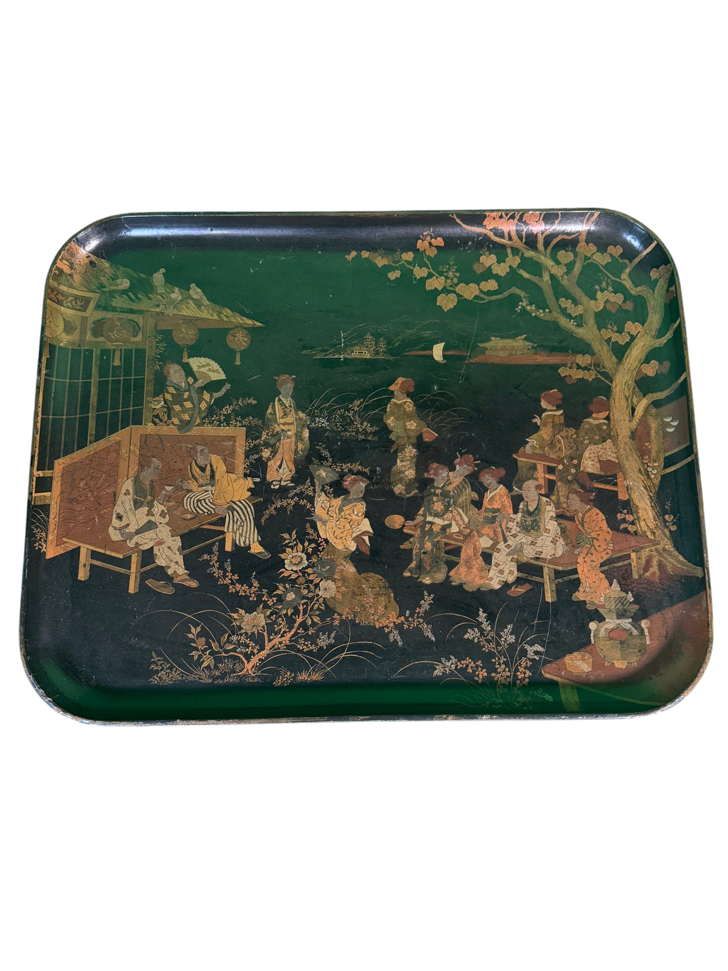 19th Century Japanned Tray Japanese Teahouse Garden Scene Gilt on Black Lacquer