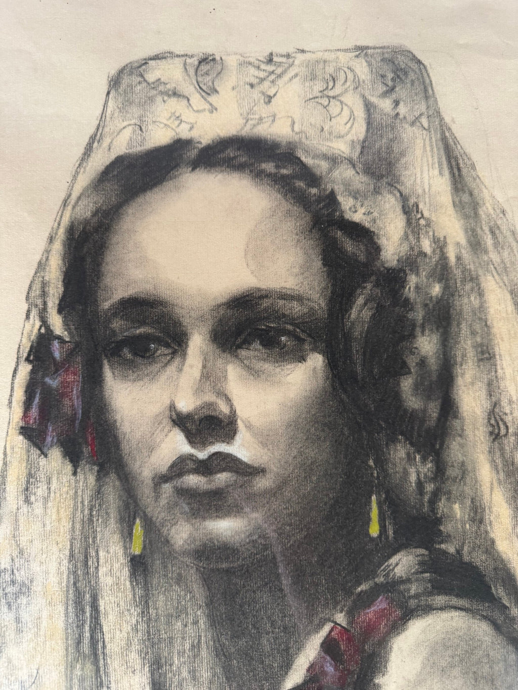 1933 Charcoal Pastel Portrait Woman in Lace Mantilla, Signed P.O. Wright, Framed
