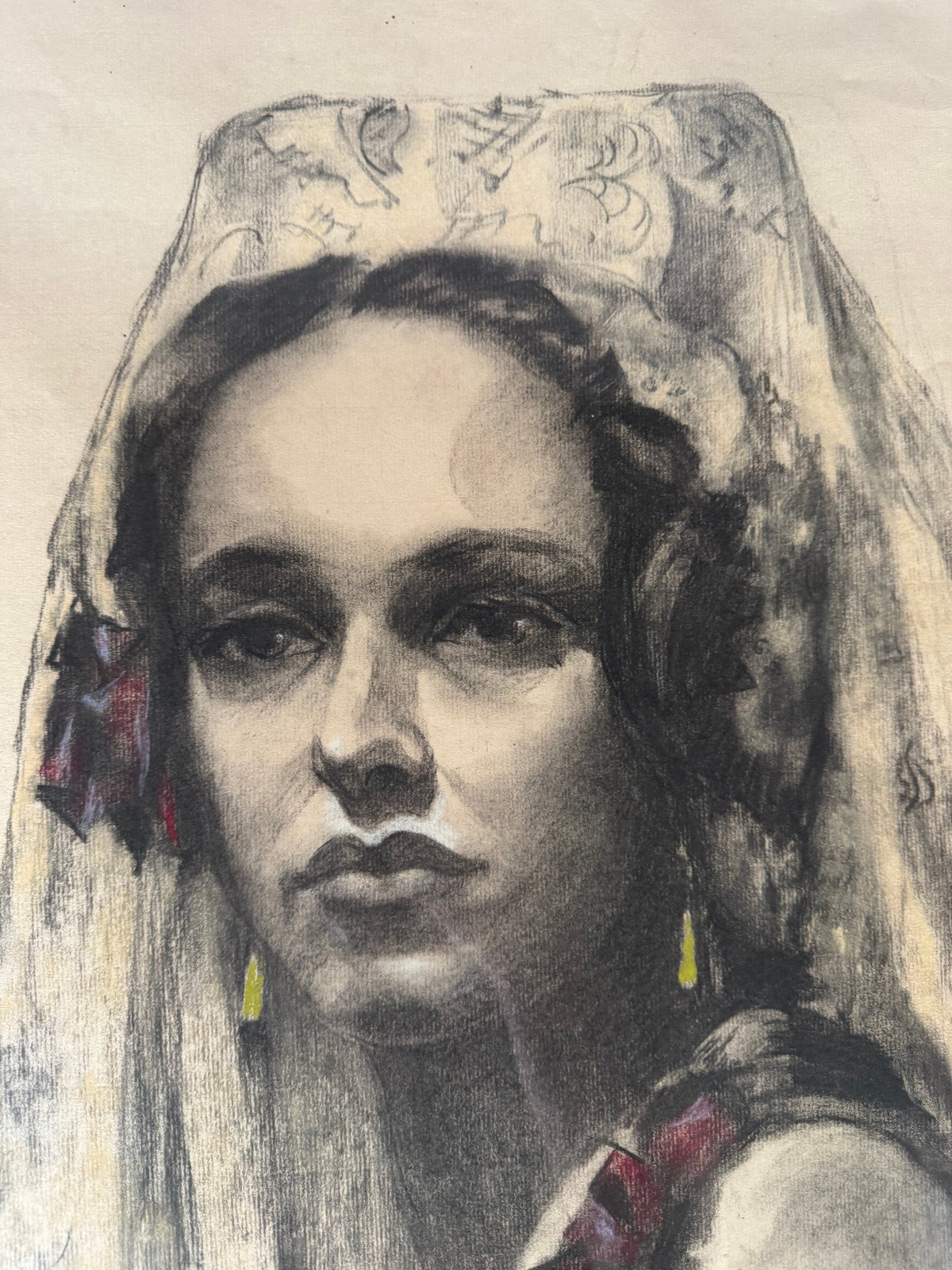 1933 Charcoal Pastel Portrait Woman in Lace Mantilla, Signed P.O. Wright, Framed