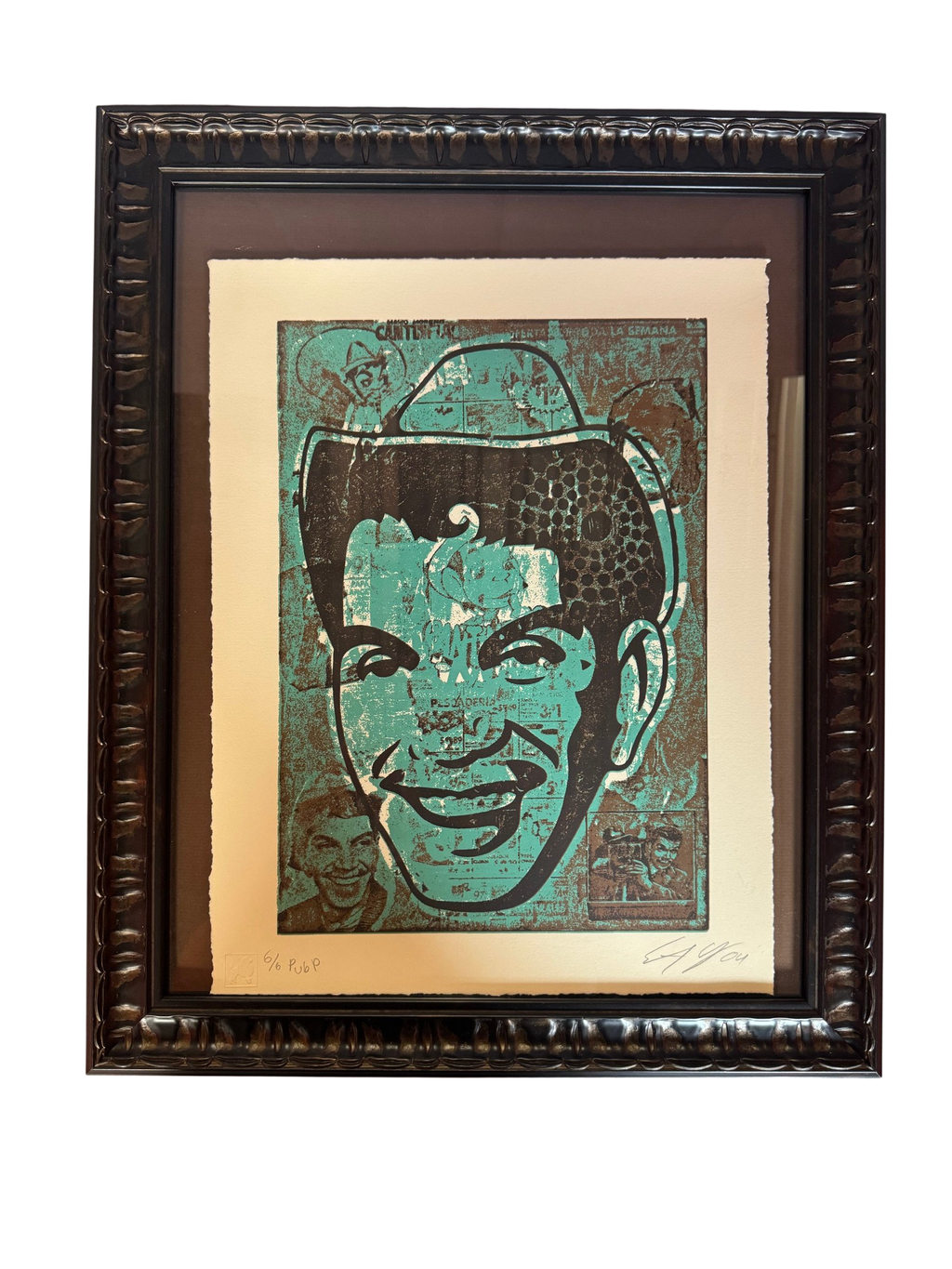 Teal and brown portrait screenprint in dark carved frame, straight-on