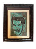 Teal and brown portrait screenprint in dark carved frame, straight-on