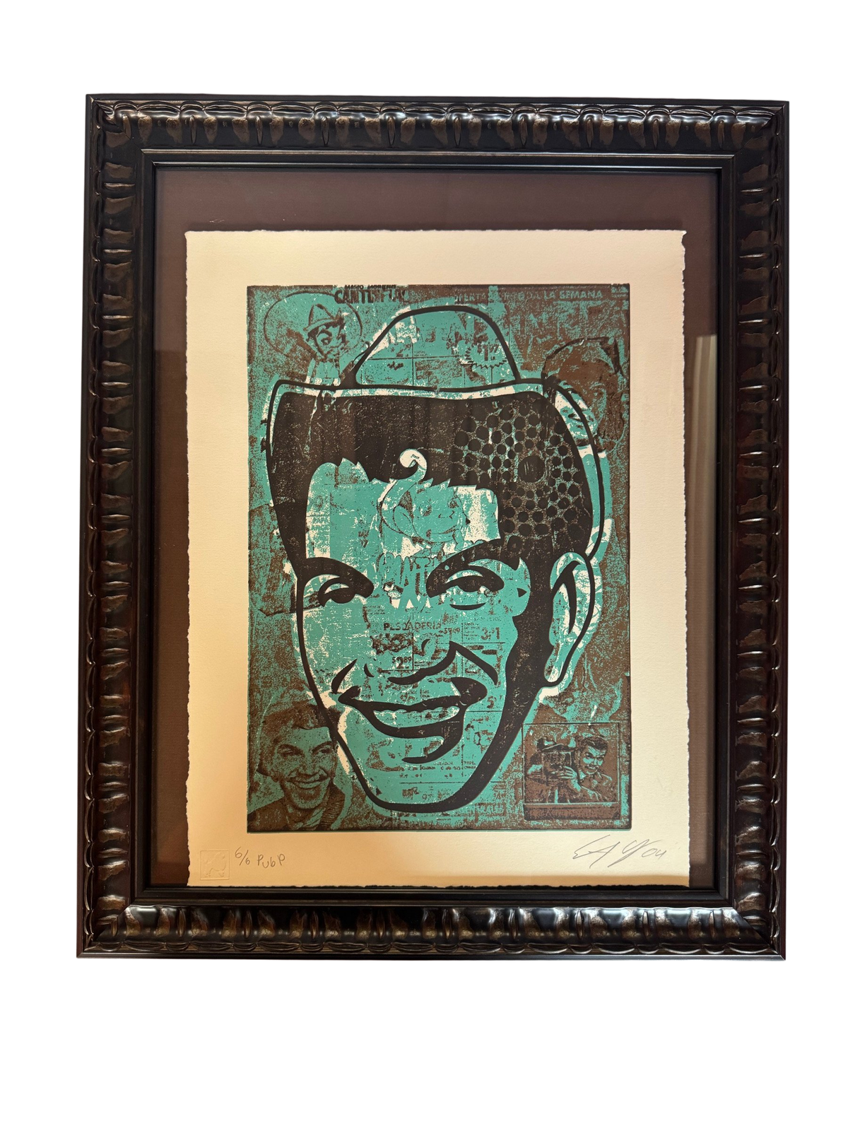Teal and brown portrait screenprint in dark carved frame, straight-on