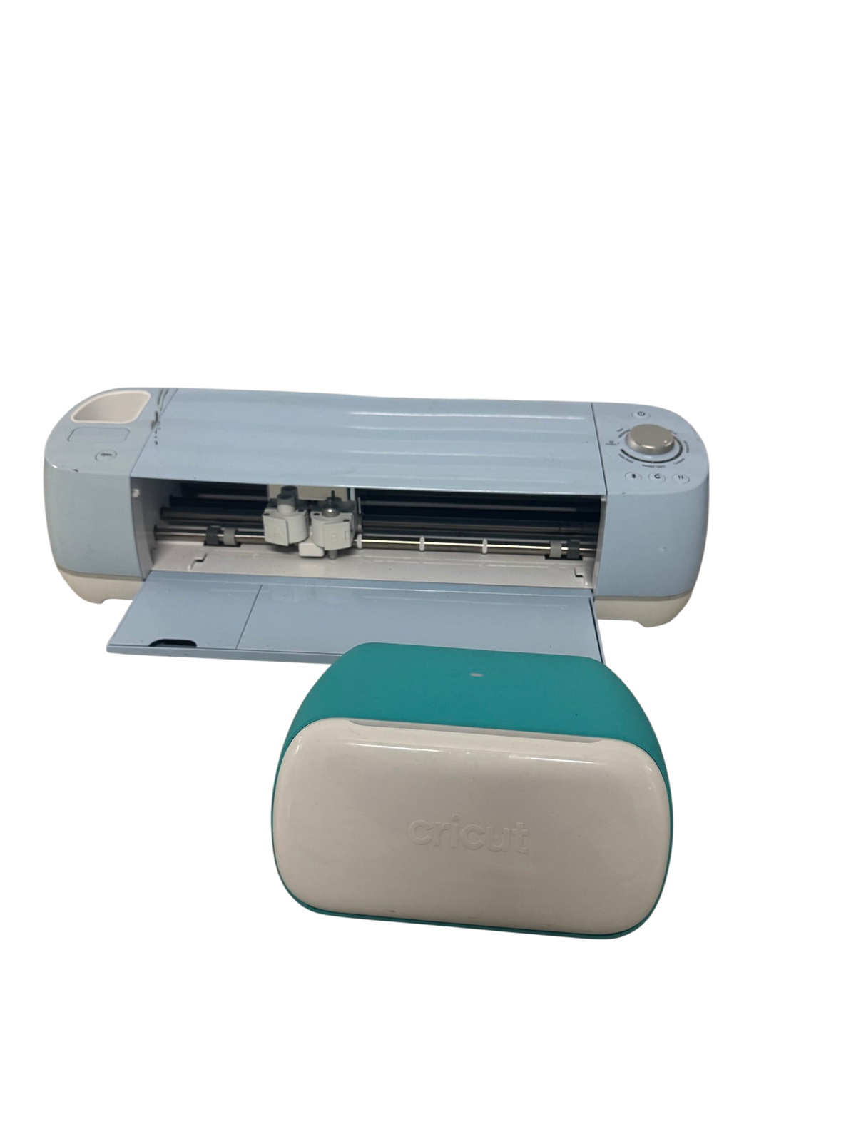 Cricut Explore Air 2 cutting machine with teal and white Cricut Joy machine positioned in front