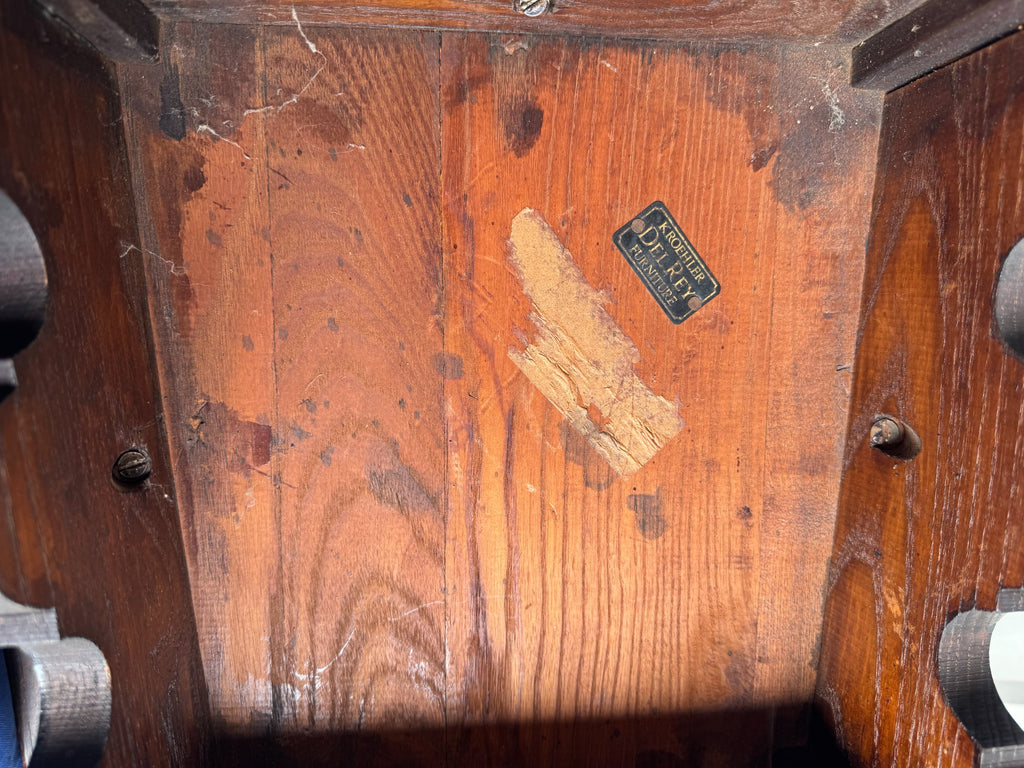 Close-up of maker's label on underside showing 'KROEHLER DEL REY RANCHO' text