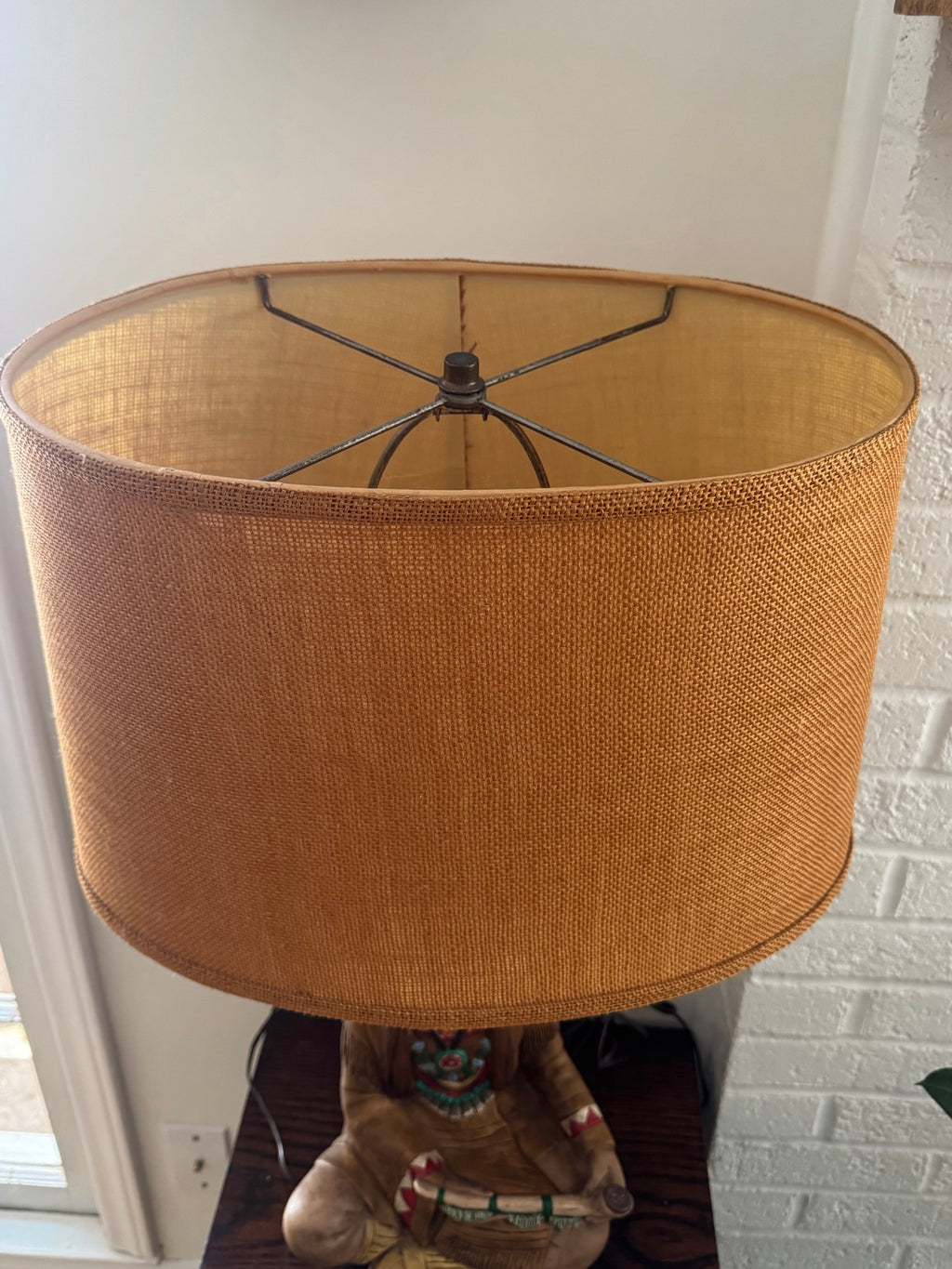 Native American Chief Figural Table Lamp Seated Figure Burlap Shade Vintage