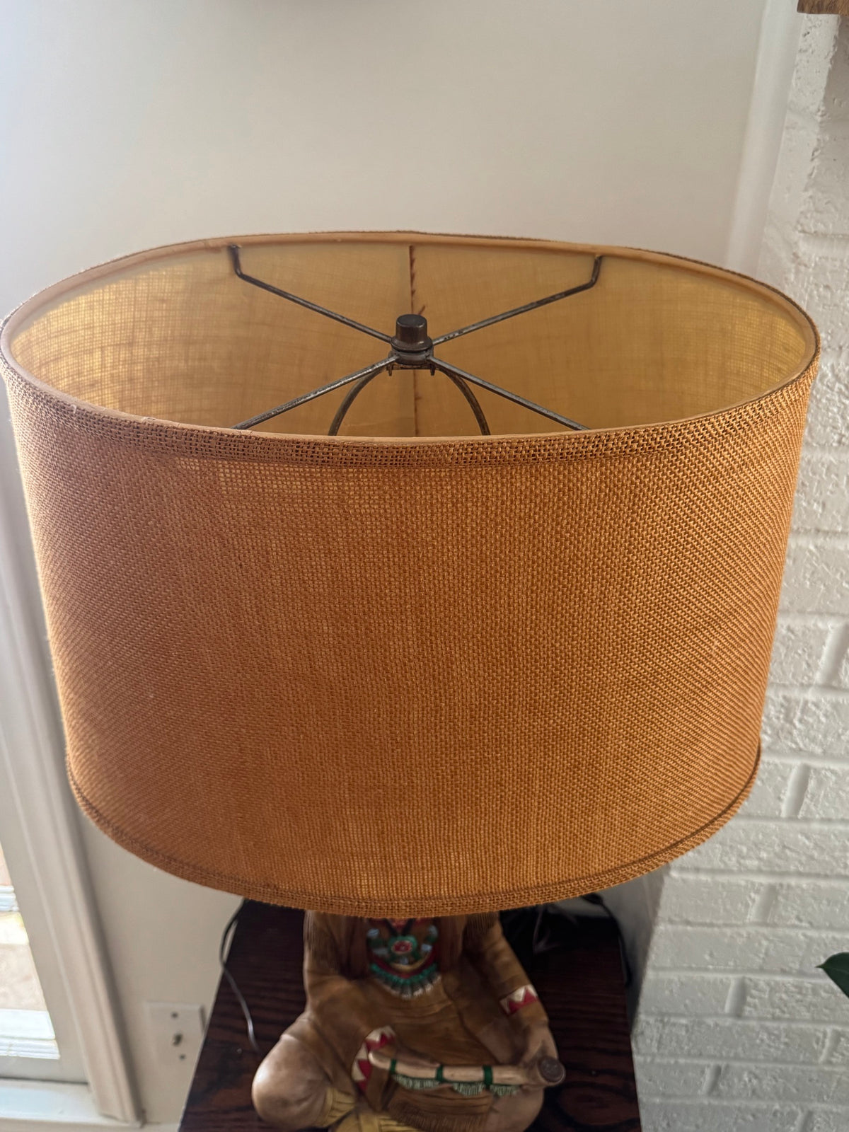 Native American Chief Figural Table Lamp Seated Figure Burlap Shade Vintage