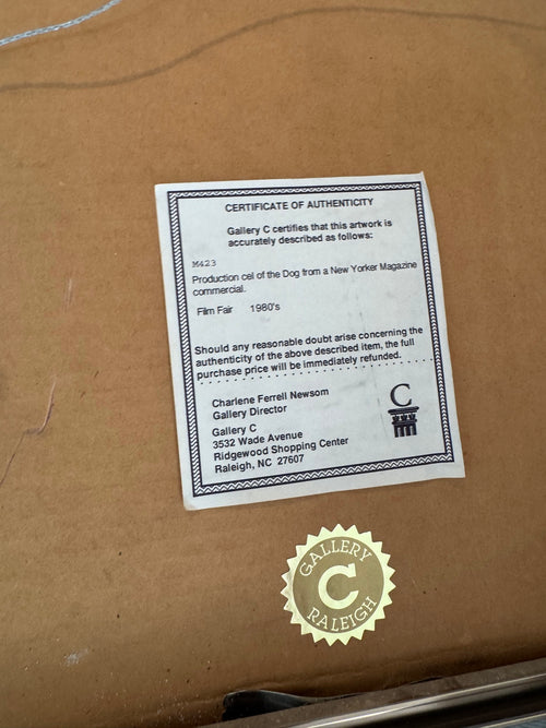 Certificate of Authenticity from Gallery C stating production cel from 1980s New Yorker Magazine commercial, Film Fair