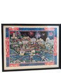 Framed Americana artwork depicting Washington DC landmarks with patriotic flag border, black frame, full view