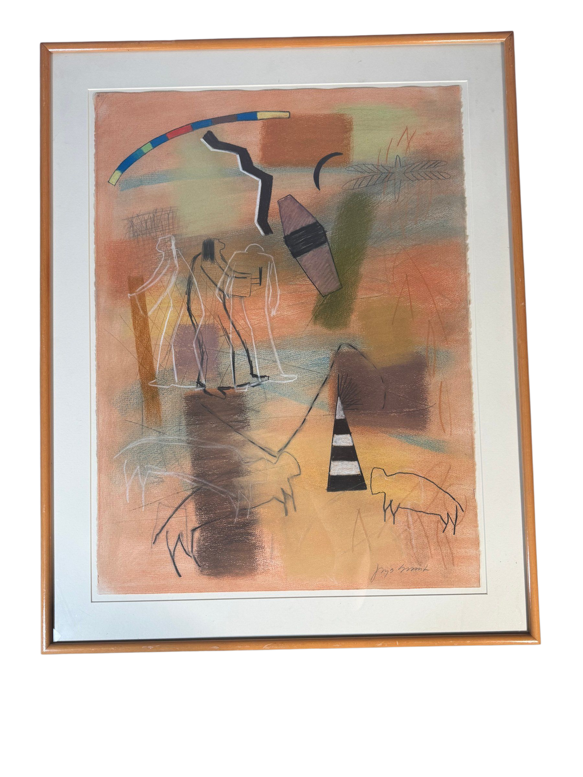 Original Southwestern Abstract Pastel, Figures Animals Rainbow Arc, Framed 29x37