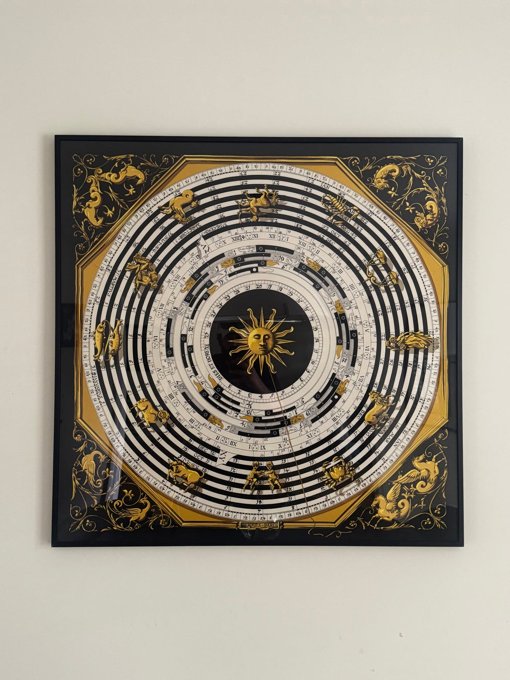 Framed Zodiac Calendar Panel Gilt on Black Astronomical Design Vintage