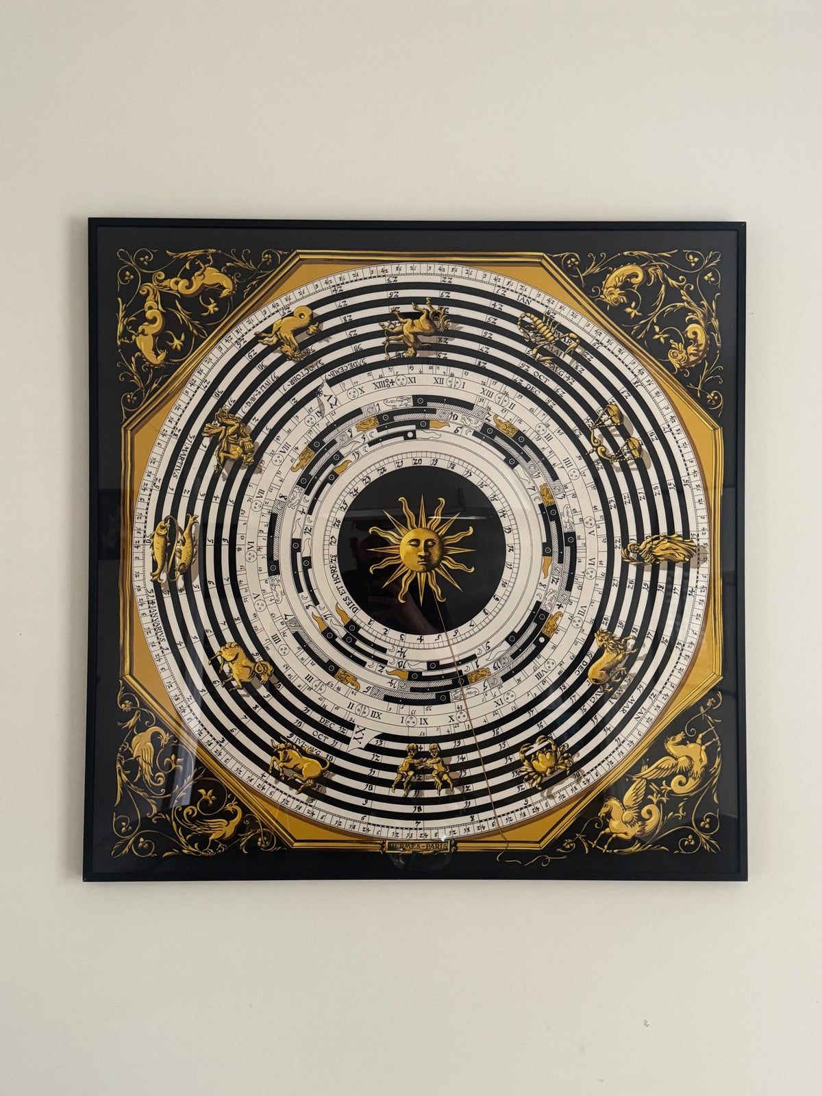 Framed Zodiac Calendar Panel Gilt on Black Astronomical Design Vintage