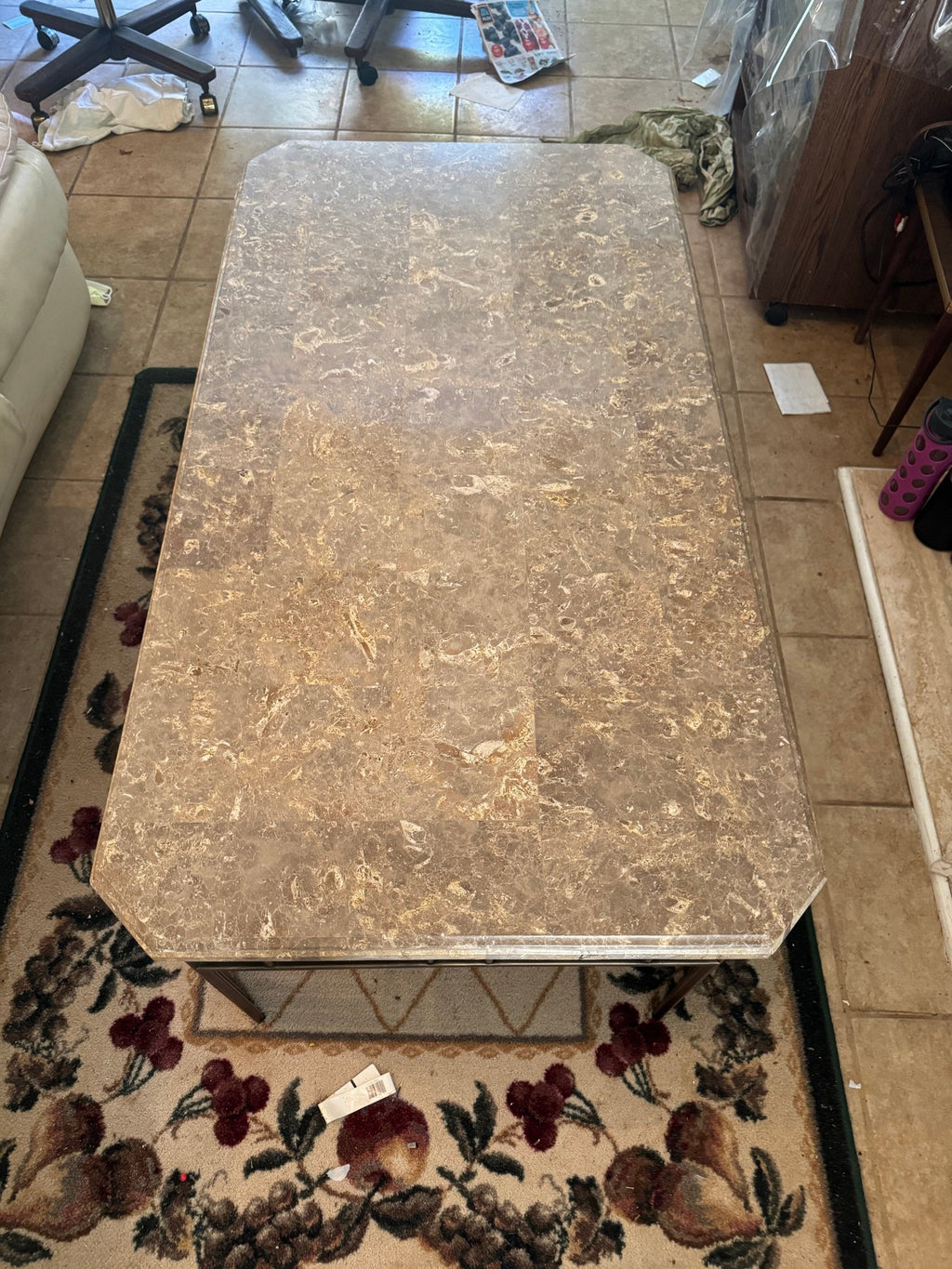 Top view of the marbled stone top with clipped corners