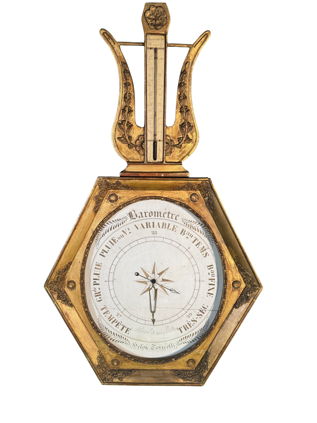 Antique French Charles X Giltwood Lyre Barometer Thermometer Signed Binda Verdun