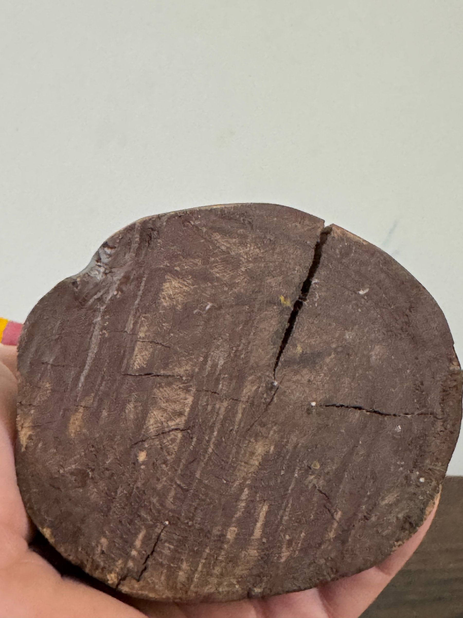 Close-up of circular wooden base showing grain, cracks and weathered brown patina