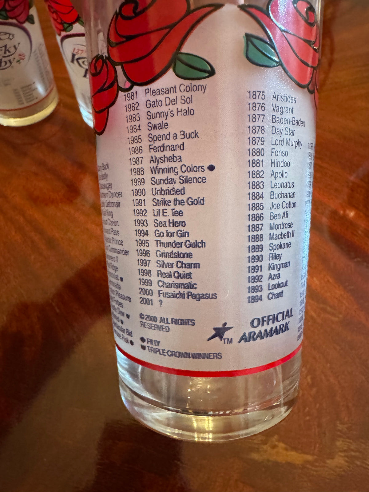 Close-up of Kentucky Derby 127th 2001 glass back showing printed list of past Derby winners