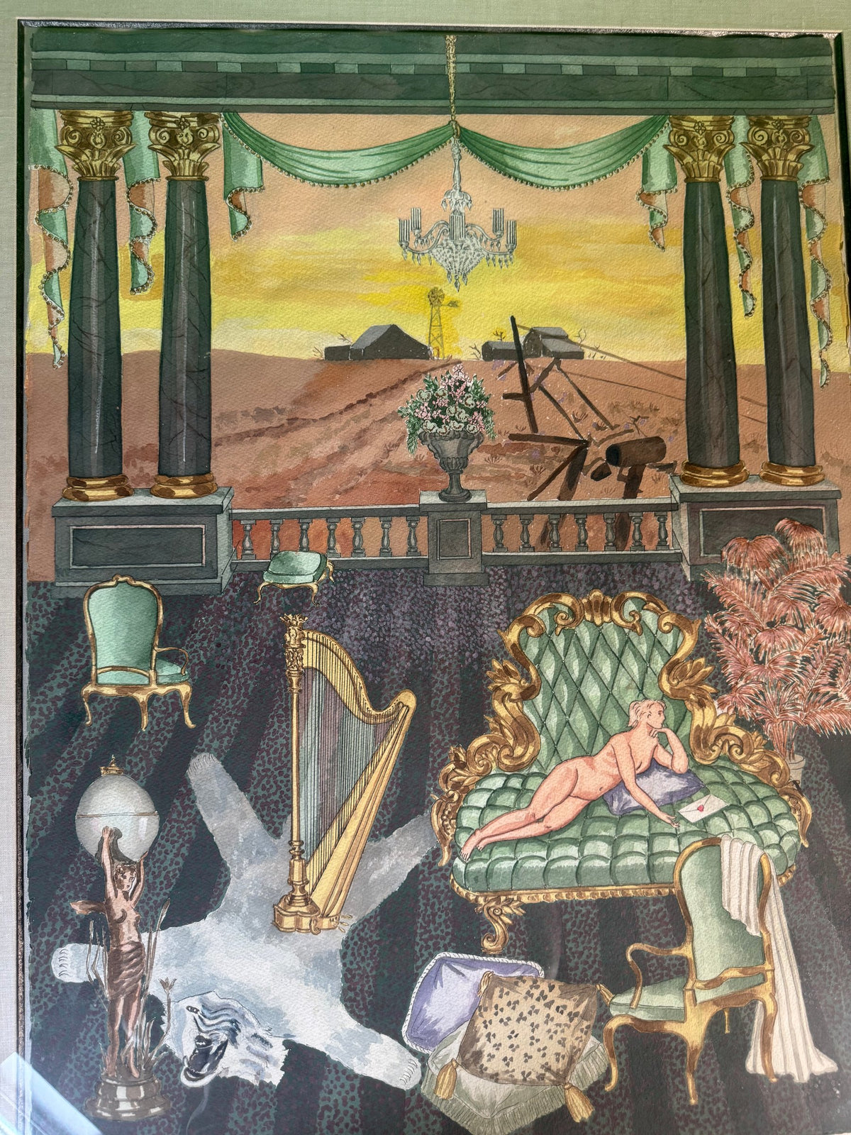 Original Watercolour and Gouache Painting - Surreal Colonnade Interior with Nude