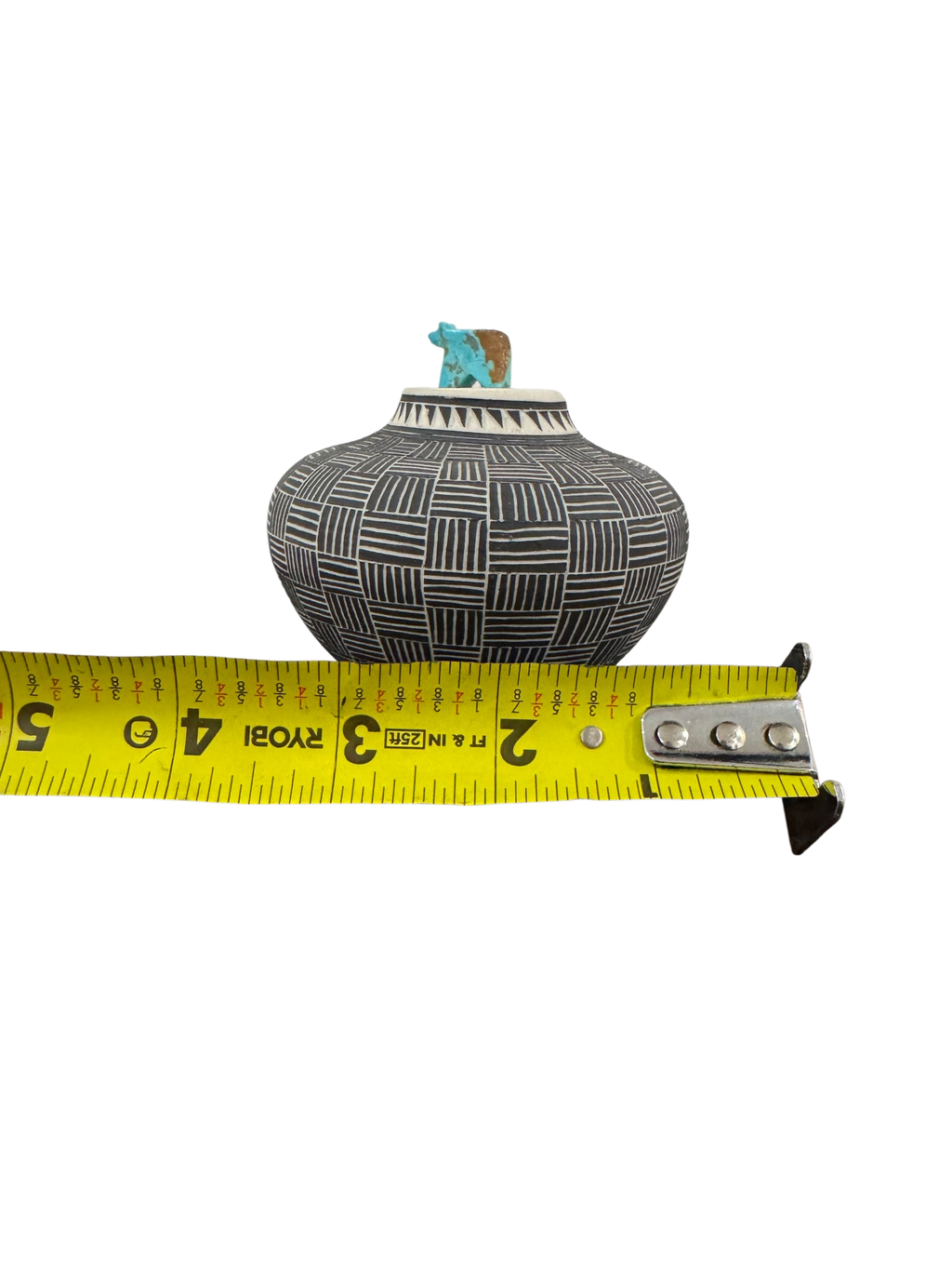 Acoma Pueblo Seed Pot Fine Line Black on White Turquoise Bird Fetish Signed