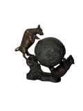 Bronze bull and bear figures supporting large dark green marble sphere, vintage Wall Street sculpture, full view