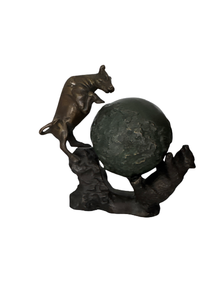 Bronze bull and bear figures supporting large dark green marble sphere, vintage Wall Street sculpture, full view