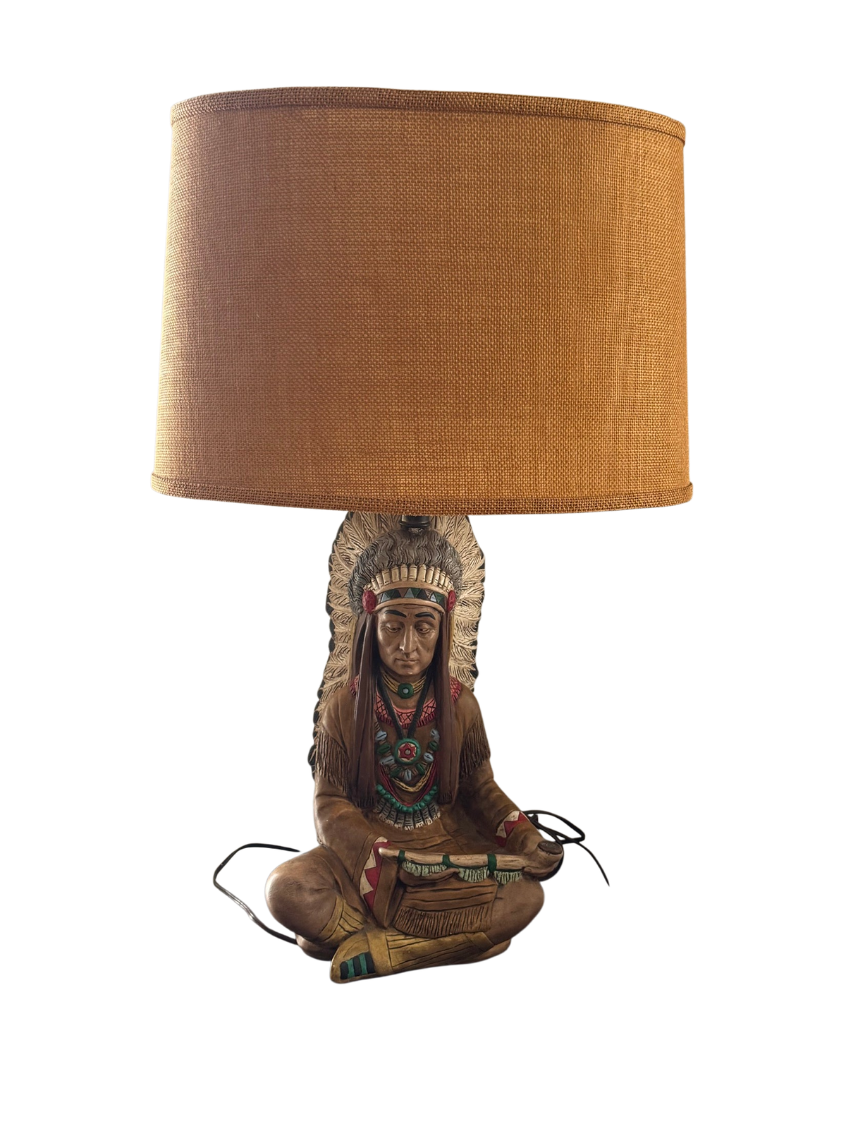 Native American Chief Figural Table Lamp Seated Figure Burlap Shade Vintage