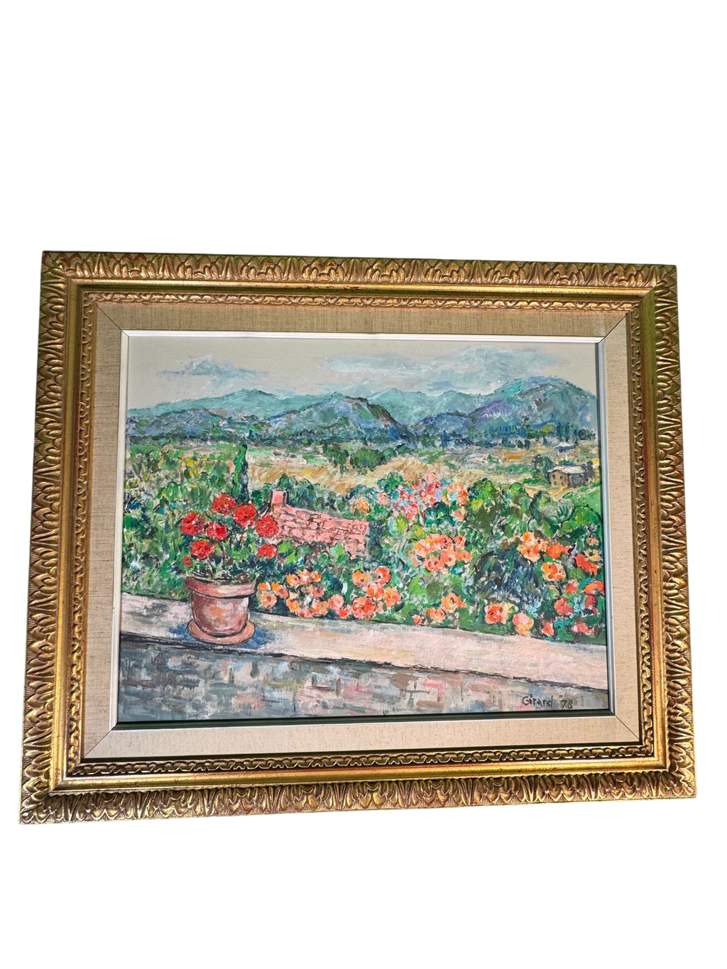 Oil Painting Pot of Geraniums on Terrace Wall Signed Girard 78 Gilt Frame