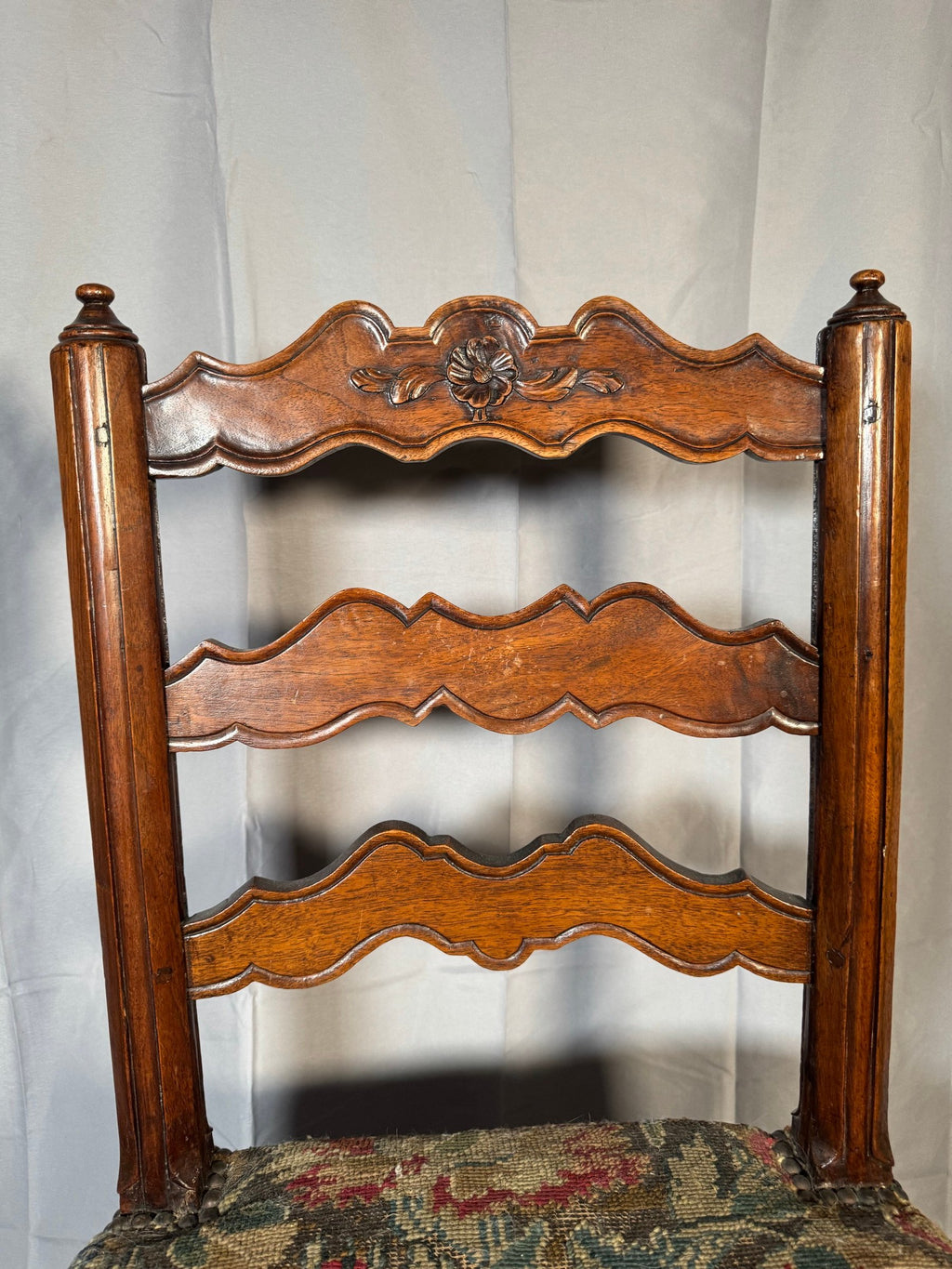 French Carved Walnut Ladderback Side Chair, Antique Needlepoint Seat