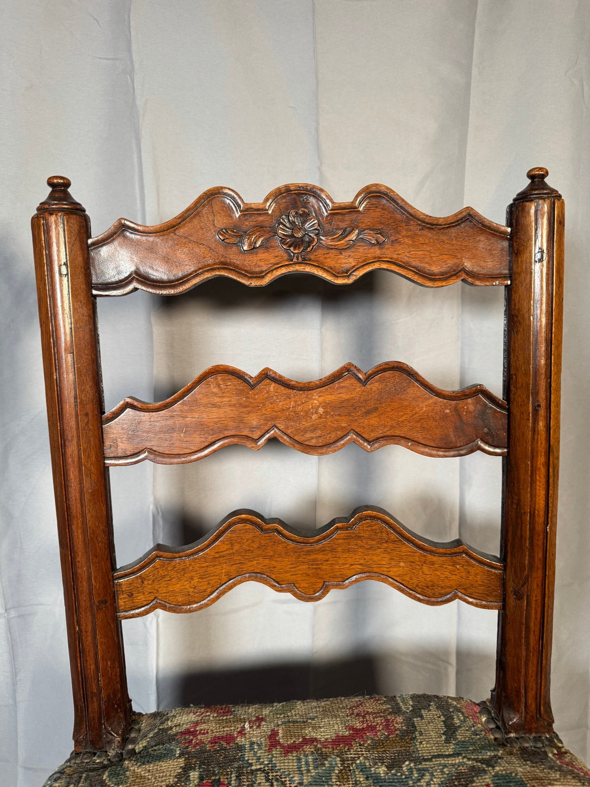 French Carved Walnut Ladderback Side Chair, Antique Needlepoint Seat