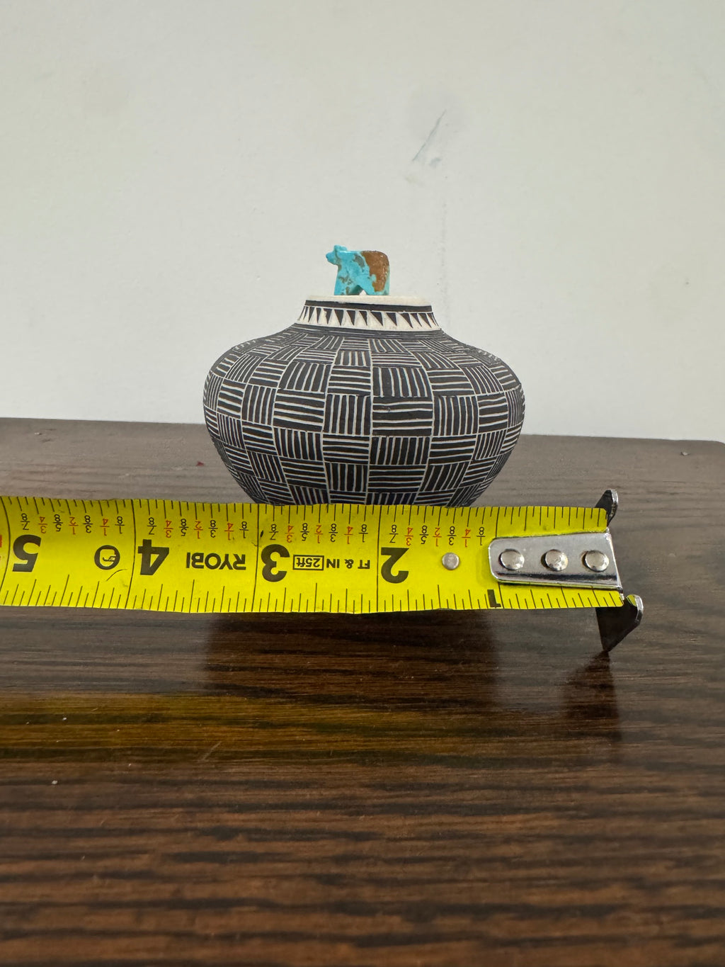Acoma Pueblo Seed Pot Fine Line Black on White Turquoise Bird Fetish Signed