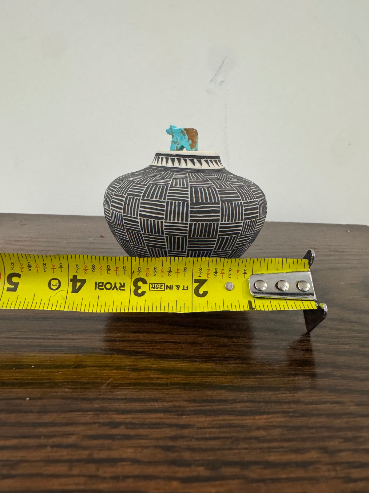 Acoma Pueblo Seed Pot Fine Line Black on White Turquoise Bird Fetish Signed
