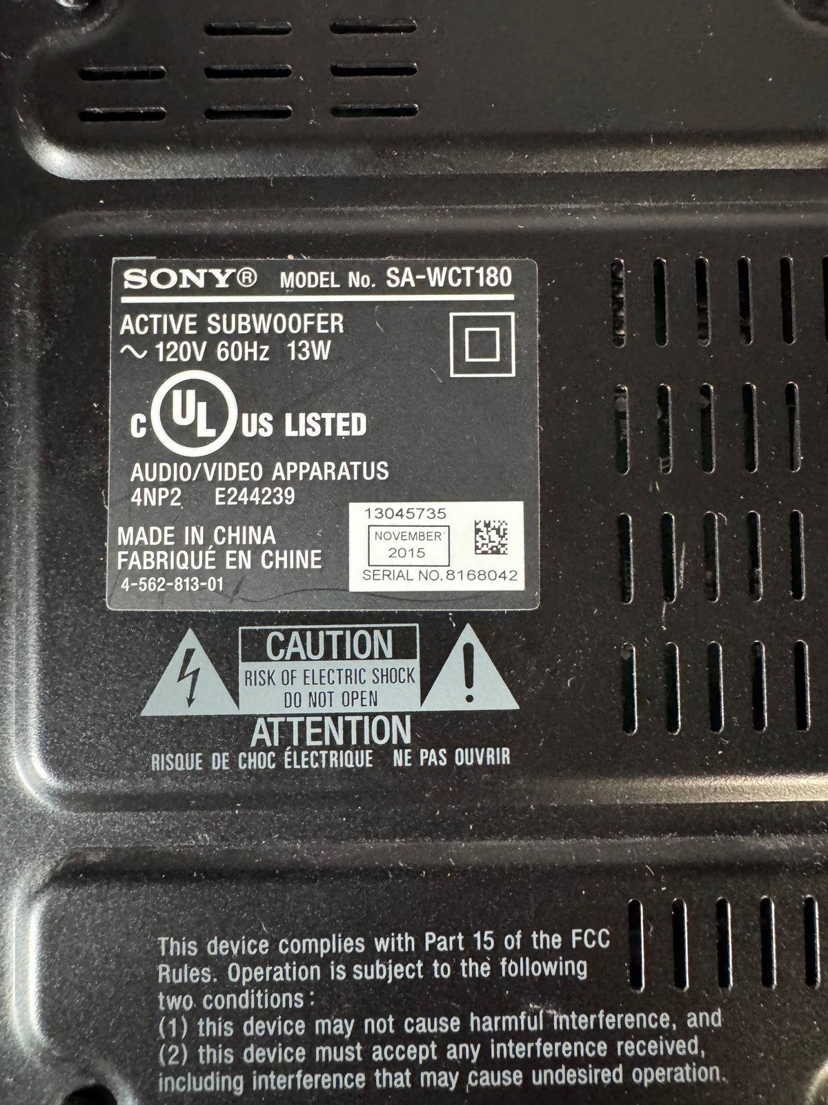 Sony SA-WCT180 Wireless Subwoofer for HT-CT180 Soundbar System, Sub Only