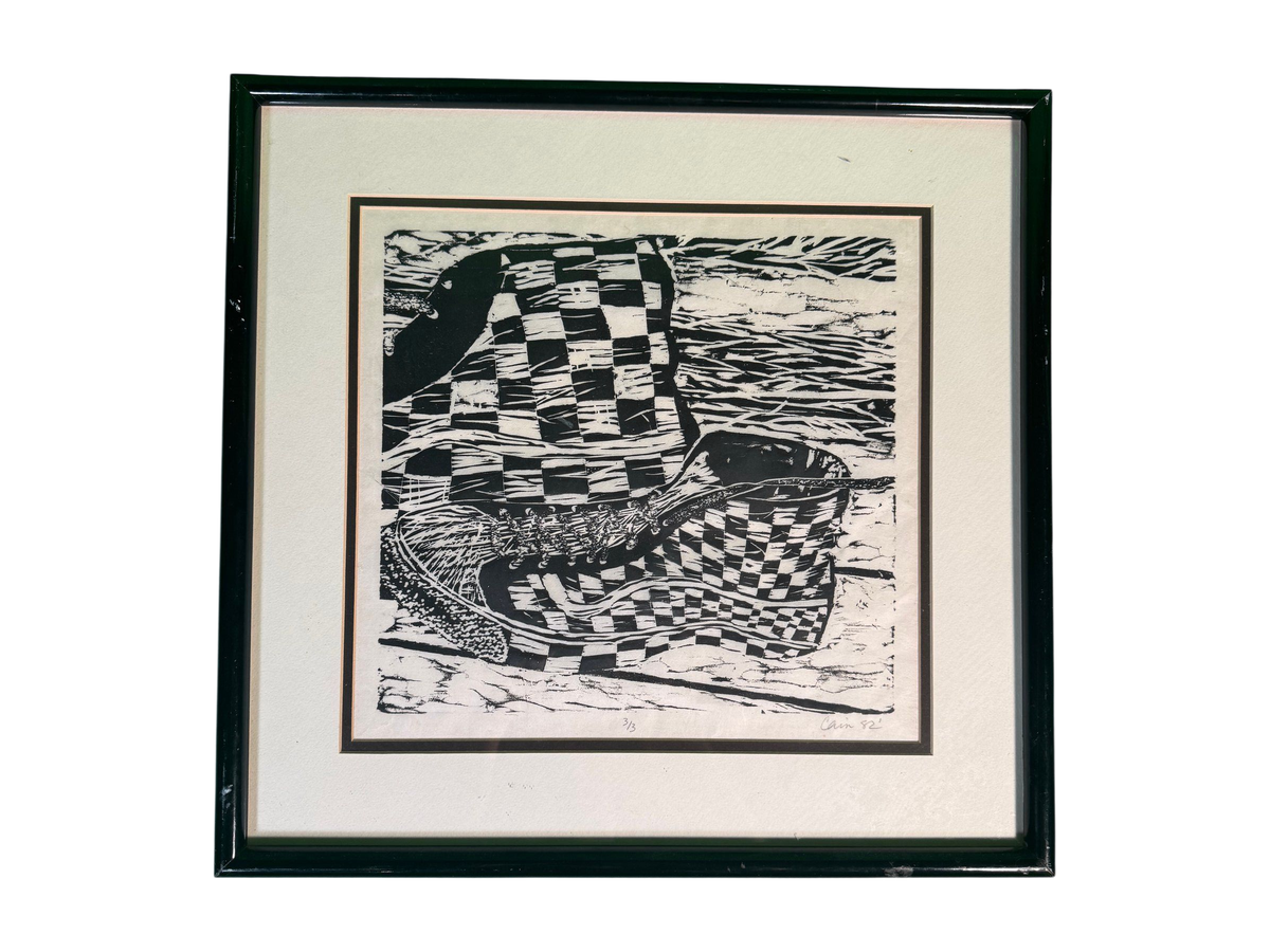 Original Signed Linocut Checkerboard High-Top Sneaker, Cain 1982, Edition 3/3