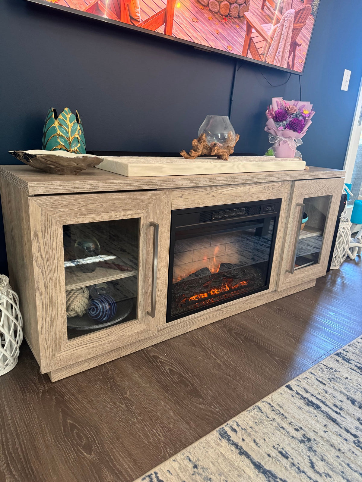 Fireplace TV console, angled view