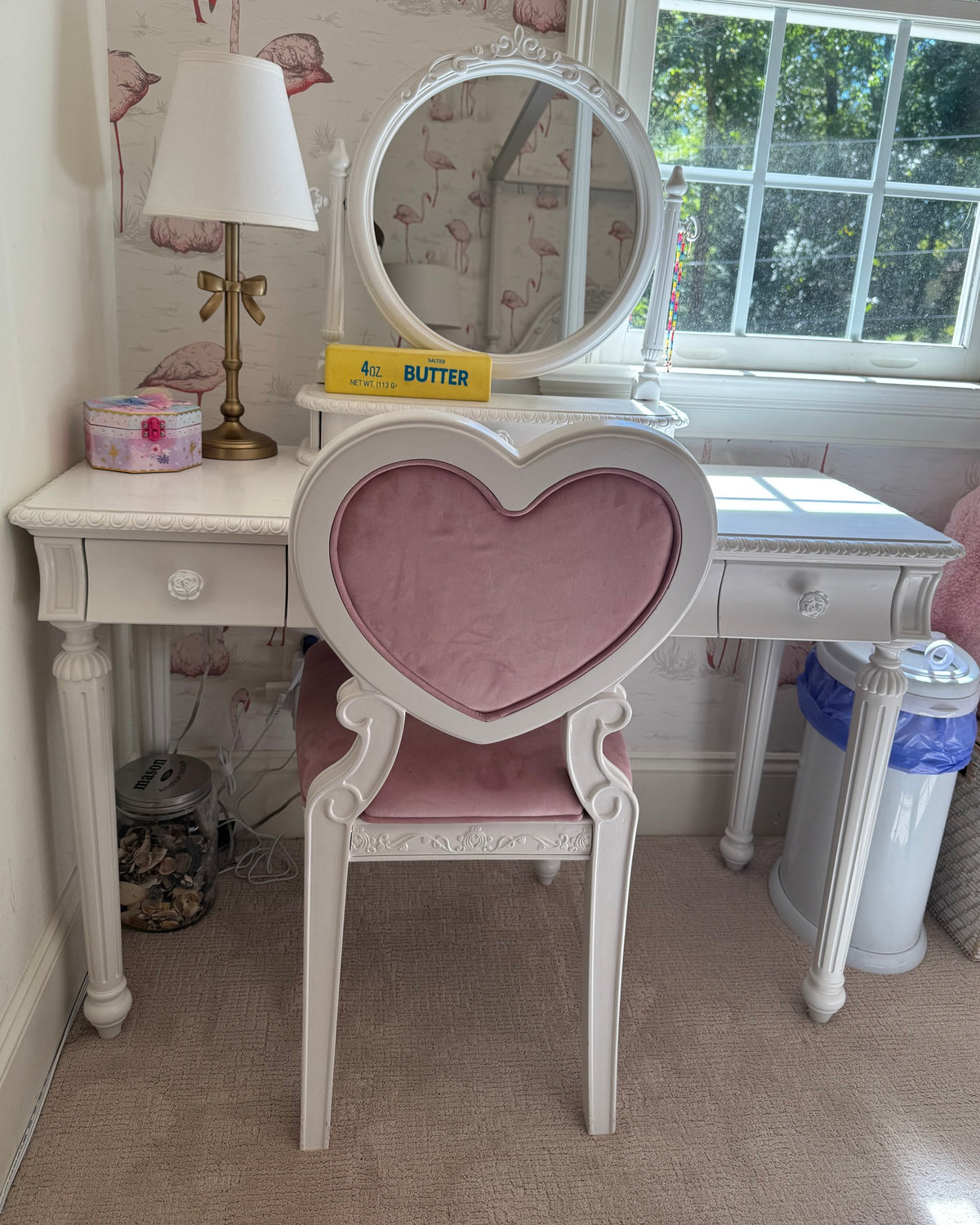 Sparkle White vanity desk with round mirror and pink velvet heart-back chair