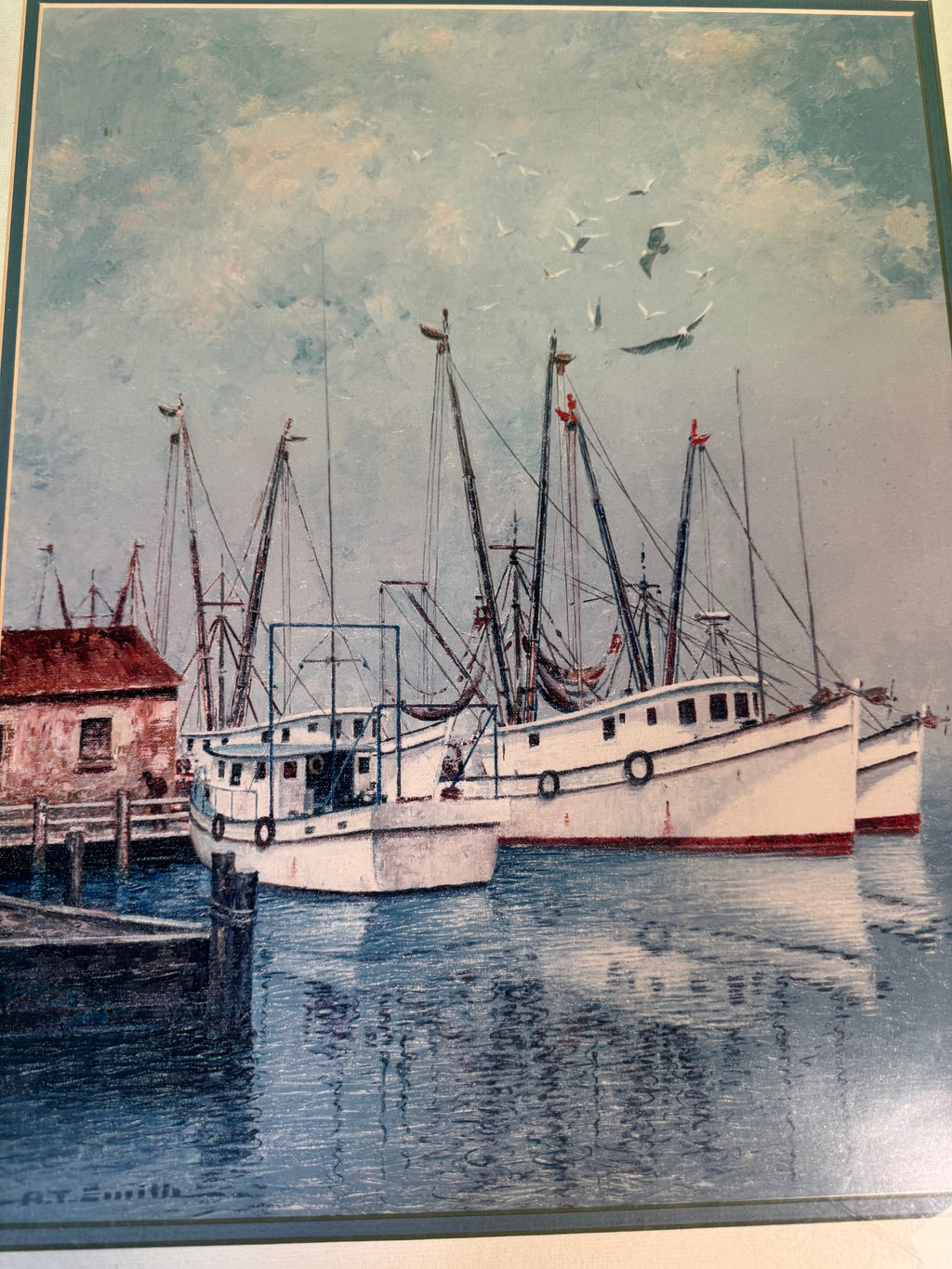 Shrimp Boats Harbor Print Reproduction Signed A.T. Smith Grey Barnwood Frame