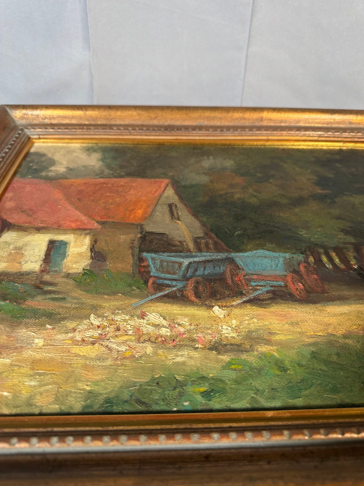 Vintage Farmyard Oil Painting on Canvas Blue Wagons Geese Signed H Knapping