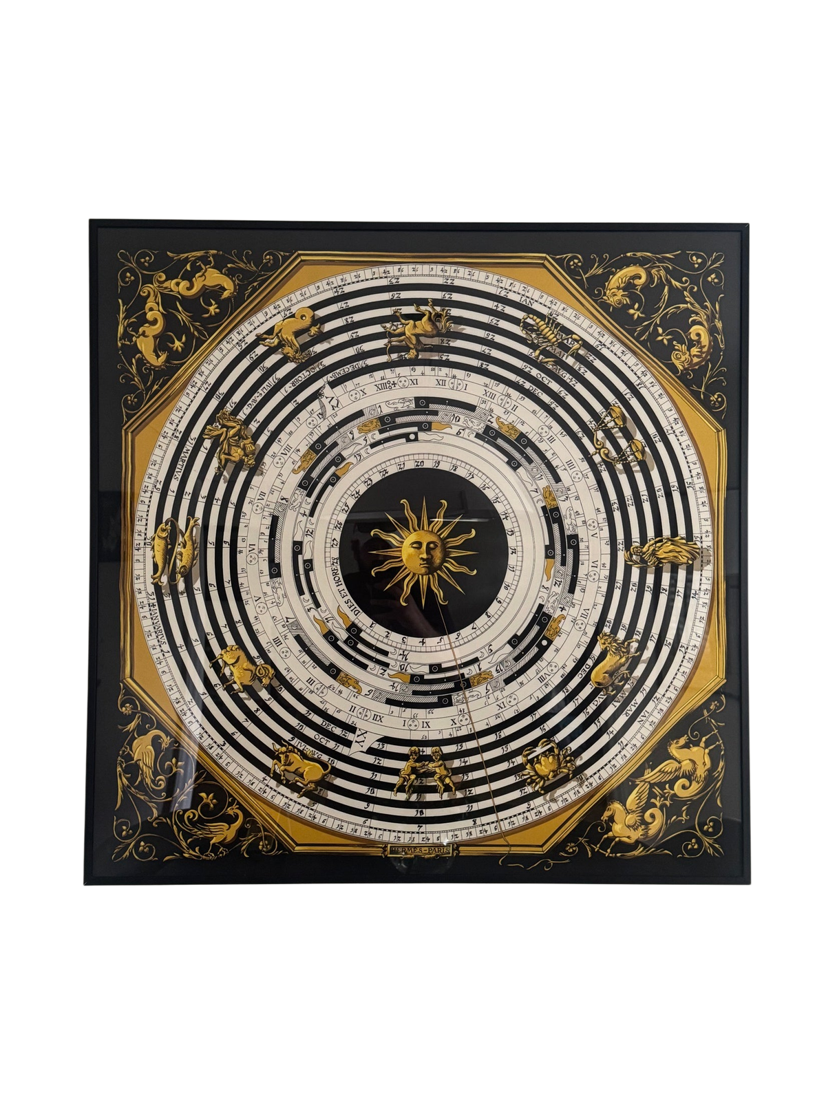 Hermès «Astrologie» (Dies et Hore) Silk Scarf — Black and Gold, Framed