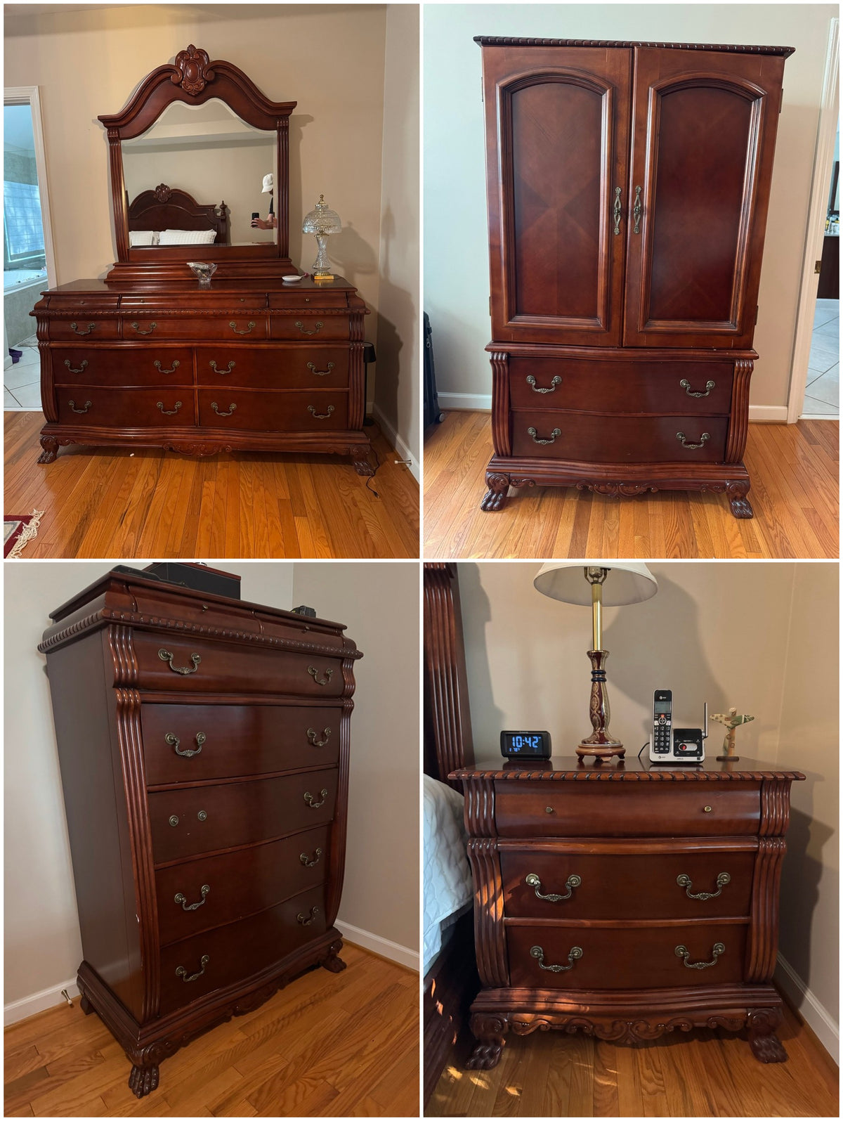 Grid of the four-piece carved cherry bedroom set: triple dresser with arched mirror, armoire, tall chest, and nightstand