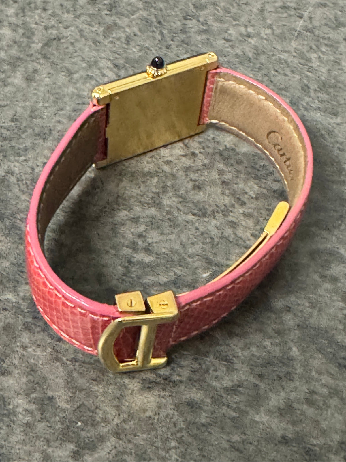 Cartier Tank Style Wristwatch Gold Tone Roman Dial Red Lizard Strap Signed Buckle
