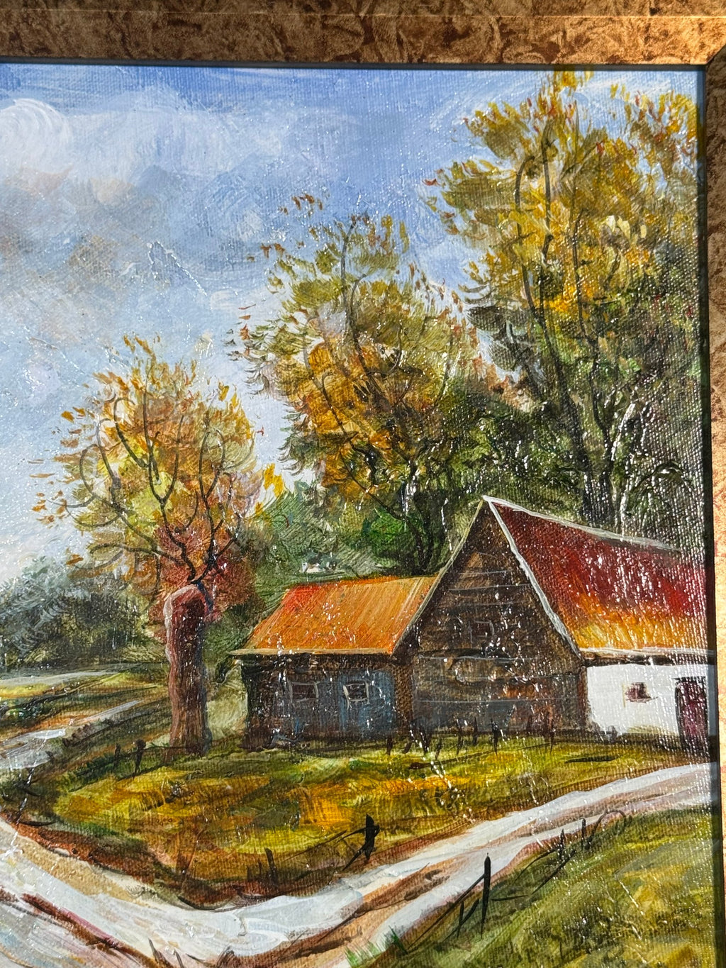 Original Oil on Canvas Painting Autumn Landscape with Barn Ornate Gilt Frame