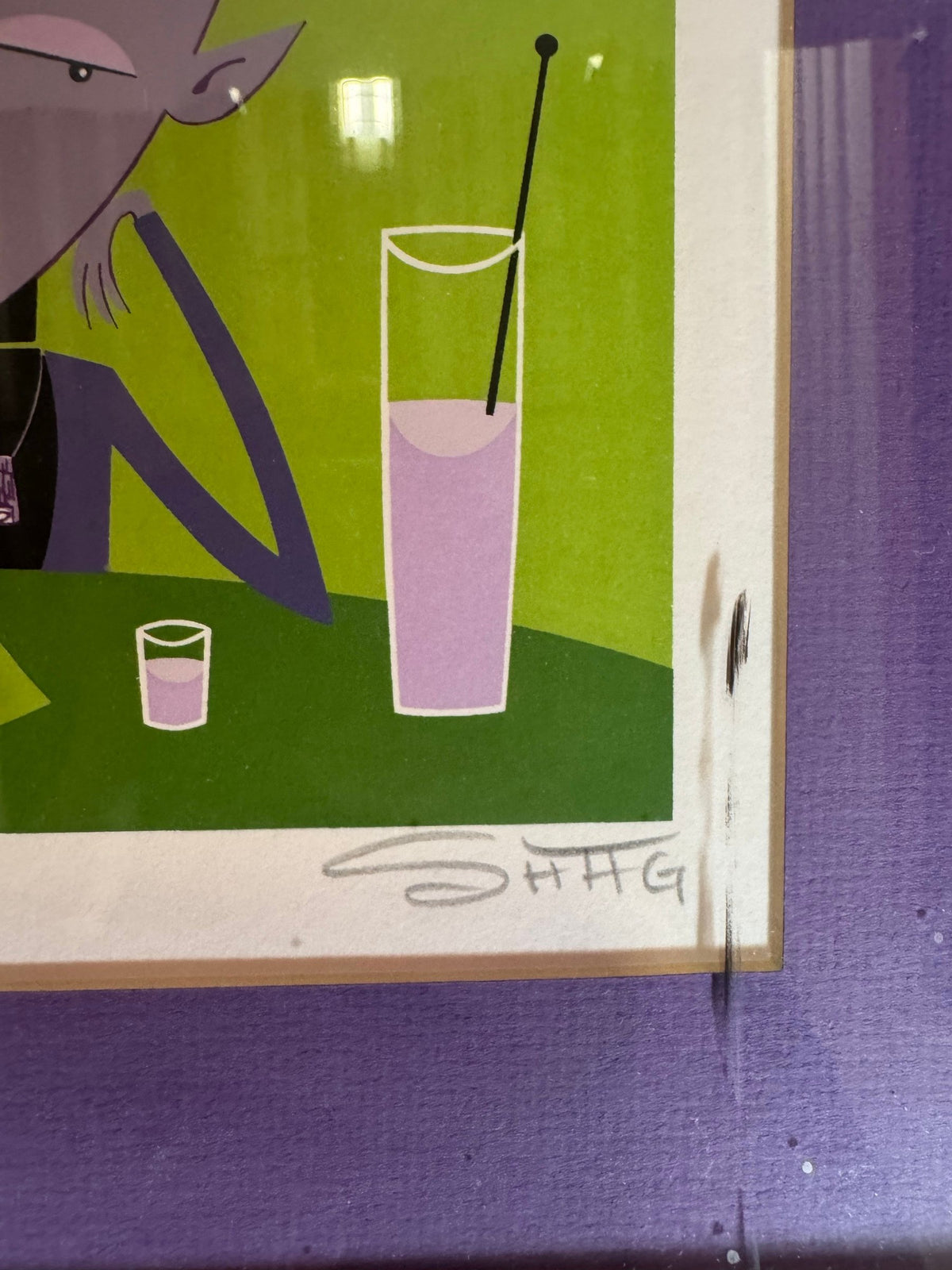 Pencil signature at the lower right and a dark mark at the image edge