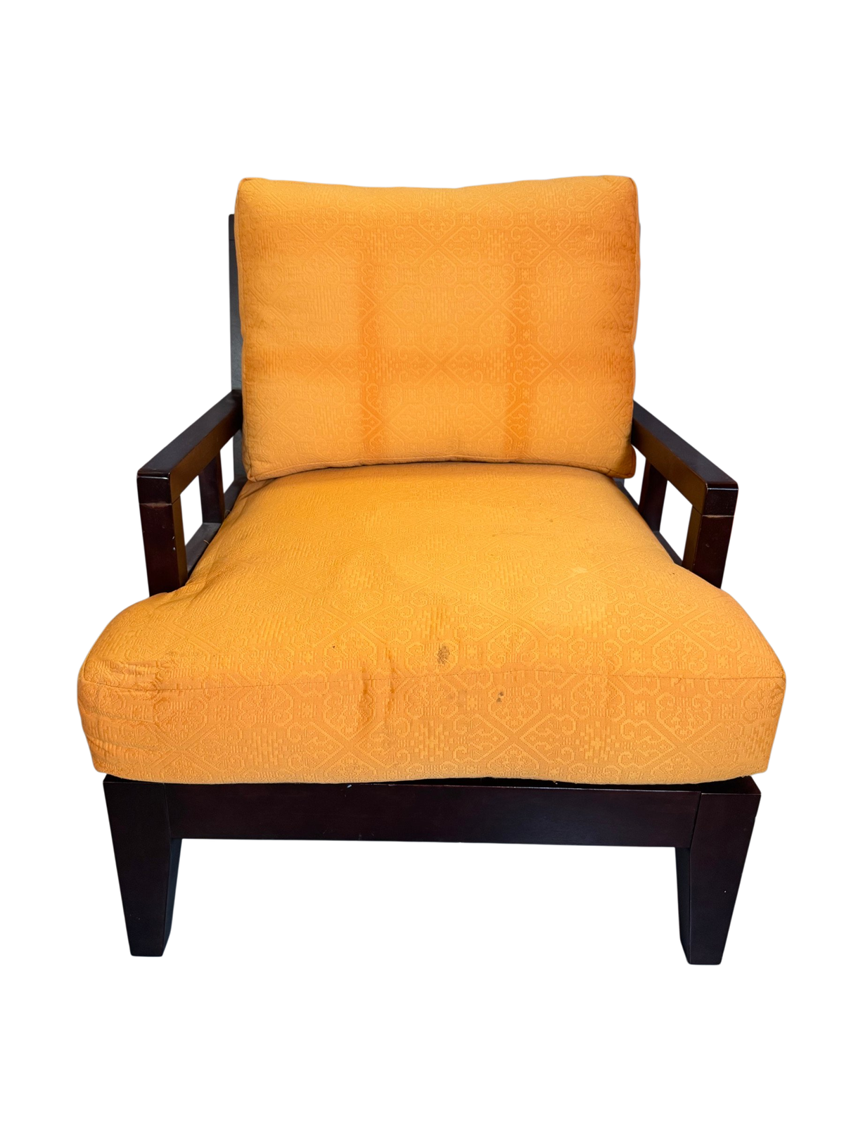 Orange lounge chair with dark wood frame, front view
